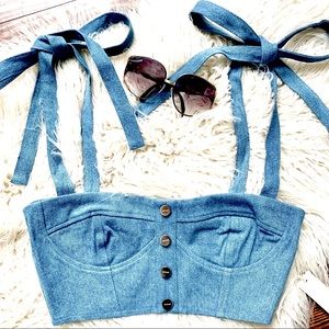 Revolve Capulet strappy button front denim bustier style crop top NWT Sz XS